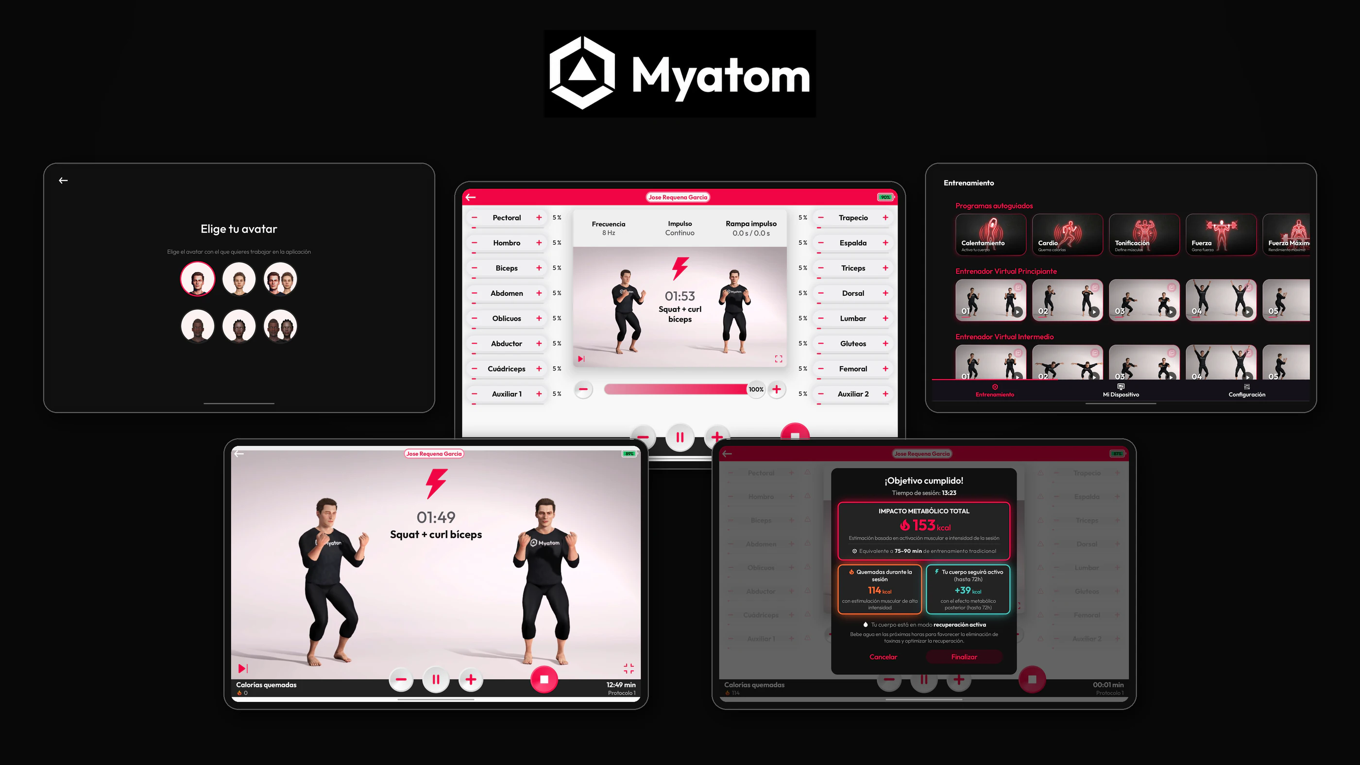 Pantalla de entrenamiento de MYATOM en una tablet frente a un usuario con la equipación puesta.